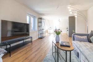a living room with a large flat screen tv at Sali Suite - Modern Attic Stay in Arbon