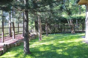 Un patio con una cerca y algunos árboles y césped. en Poronin Apartament, en Poronin
