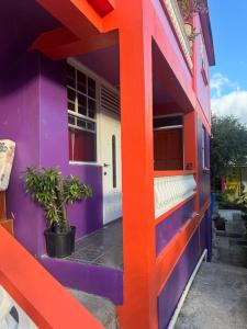 a purple and orange house with a potted plant at Hillside Haven in Cochrane
