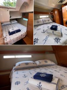 two pictures of a bedroom with two beds on a boat at Voilier Bermuda By Villa AGADA in Gourbeyre +20 photos