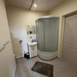 a bathroom with a glass shower and a sink at Vadim Home in Ventspils +36 photos