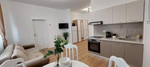 a kitchen and living room with a couch and a table at SIA Thermal Felix - Calm & Comfort near Apollo Thermal Bath in Baile Felix