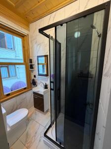 a bathroom with a shower and a toilet and a sink at Mirello House Otel Tuzla in Tuzla