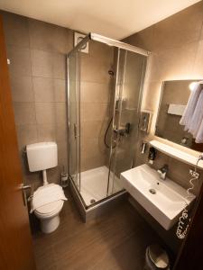 a bathroom with a shower and a toilet and a sink at Parkhotel Lindenhof - KOSTENLOSE PARKPLÄTZE in Offenbach