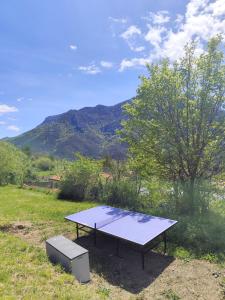 a ping pong table in a field with a mountain at Teranga in Artigues