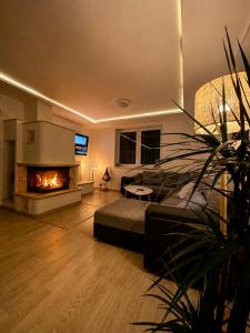 a living room with a bed and a fireplace at Bikehouse in Veľká Lomnica