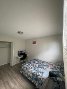 a bedroom with a bed and a desk with a television at Ron's Place in Saskatoon