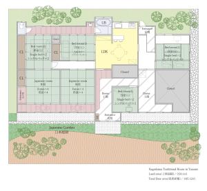 a plan of a building with a garden at Nagashima Traditional House in Tonome in Nagashima