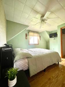 a bedroom with a bed with a ceiling fan at Xuan Pine House in Altoona