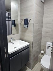 a bathroom with a sink and a toilet at Depto con Piscina Temperada 2D y 2B in Puerto Varas +9 photos