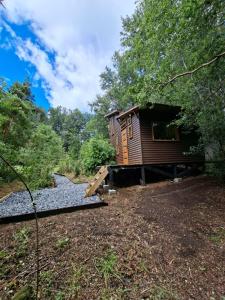 a cabin in the woods with a gravel yard at Refugio Purrunko in Pucón