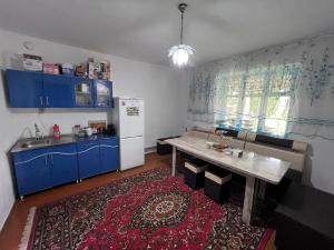a kitchen with blue cabinets and a table and a refrigerator at Satina Jenish in Syn-Tash