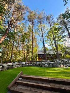 a house with a yard with grass and trees at snowhere ski lodge in Hakuba