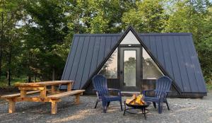 a cabin with a table and chairs and a fire pit at Seneca Gorge Glamping in Hector