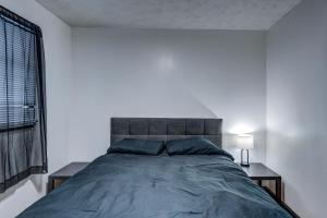a bedroom with a large bed with blue pillows at Centralized Modern Home in Johnson City in Johnson City