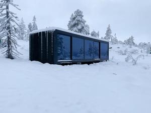 a glass house in the snow with trees at Modern Cabin By Snøhetta At Blefjell in Svene