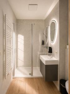a bathroom with a shower and a sink and a mirror at Pension am Markt in Wurzen