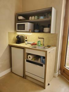 a small kitchen with a sink and a microwave at Logement authentique et facile d'accès in Sermoise
