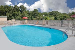 a large blue swimming pool with chairs and umbrellas at Super 8 by Wyndham Clarksville AR in Clarksville