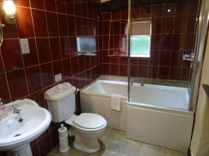 a bathroom with a toilet and a tub and a sink at Burnthwaite Cottage in Windermere