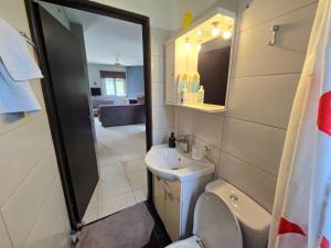 a bathroom with a sink and a toilet and a mirror at Patras Ressort in Patra +25 photos
