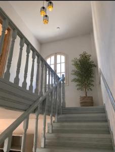 a staircase with a potted plant and a window at Villa Harmonia I -Elegant Retreat in Karlovasi
