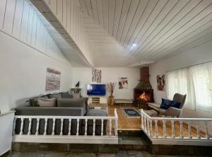 a living room with a couch and a fireplace at Stone & Sea Retreat in Órmos Marathokámpou