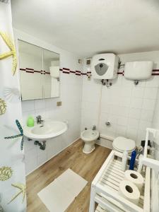 ein Badezimmer mit Waschbecken, Toilette und Spiegel in der Unterkunft Bocca D'oro S1 in Isola del Giglio