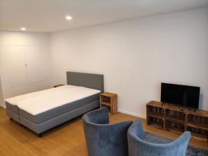 a bedroom with a bed and two chairs and a flat screen tv at La Clé des Champs in Jodoigne +31 photos