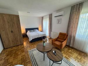 a room with a bed and a table and a chair at Apartments & Spa - Insula Vita in Bihać