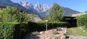 a garden with mountains in the background at Hiša nasproti sonca in Kranjska Gora +22 photos