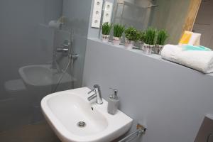 a white sink in a bathroom with plants on a shelf at Balcón de Manet in Valencia