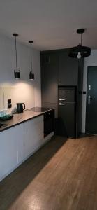 a kitchen with white cabinets and a black refrigerator at Apartament z ogrodem Cyprysowy zakątek in Oświęcim
