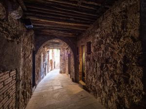 un callejón en un castillo con una pared de piedra en El Mercadal en Cardona