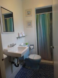 a bathroom with a sink and a toilet and a shower at Itty Bitty Inn in North Bend