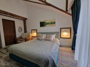 a bedroom with a bed and a chair in it at Pensiunea Tabacaru in Peştera