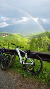 a bike parked next to a fence with a rainbow in the background at Pensiunea Tabacaru in Peştera +103 photos