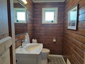 a bathroom with a sink and a toilet and two windows at 6 person holiday home in Gudvangen-By Traum in Gudvangen