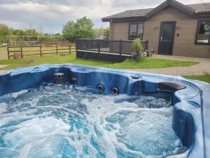 a large blue pool in a yard with a house at Grass Roots in Temple Combe