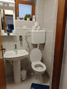 a small bathroom with a toilet and a sink at Apartmani Kaja, Vantačići, Otok Krk, A1 in Vantačići +8 photos