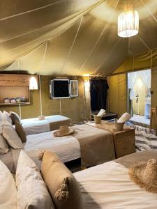 a bedroom with three beds in a tent at Morocco desert camp in Merzouga