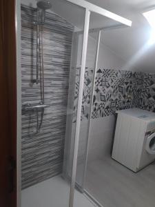 a bathroom with a shower and a washer and dryer at La casa di Rosy in Alba Adriatica
