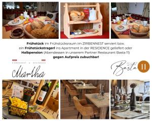 a collage of pictures of a restaurant with a table with bread at ZIRBENNEST Martha in Biberwier
