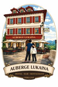 a painting of a couple standing in front of a hotel at Logis Hôtel Auberge Lukaïna in Urrugne