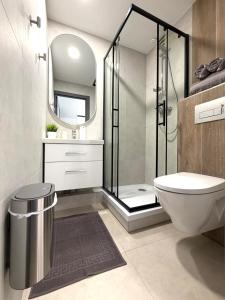 a bathroom with a shower and a toilet and a mirror at DEUX rooms in Liepāja
