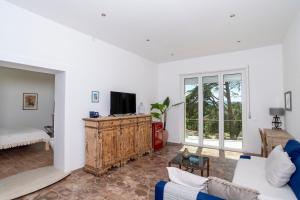 a living room with a couch and a tv at Domo Cadò in Berchidda