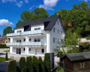 a white house with a black roof at Gästehaus Munk in Günzburg