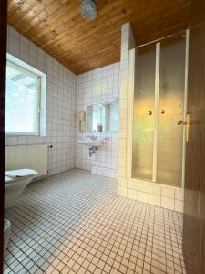 a bathroom with a shower and a toilet and a sink at RS Aparthotel in Schöppenstedt +48 photos