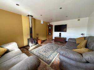 a living room with a couch and a fireplace at Millers Cottage in Llandysul