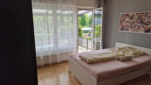 a bedroom with a bed and a large window at Rooms & Apartments Schwäbisch Gmünd in Schwäbisch Gmünd